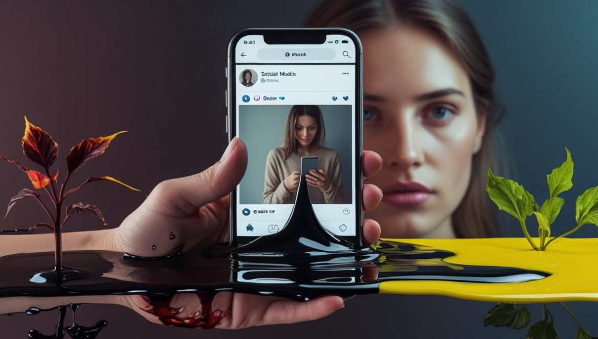 Женщина медитирует защищаясь от негативного контента социальных сетей