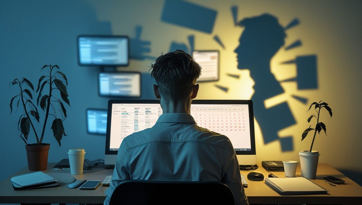 Фрилансер с признаками профессионального выгорания работает дома за компьютером