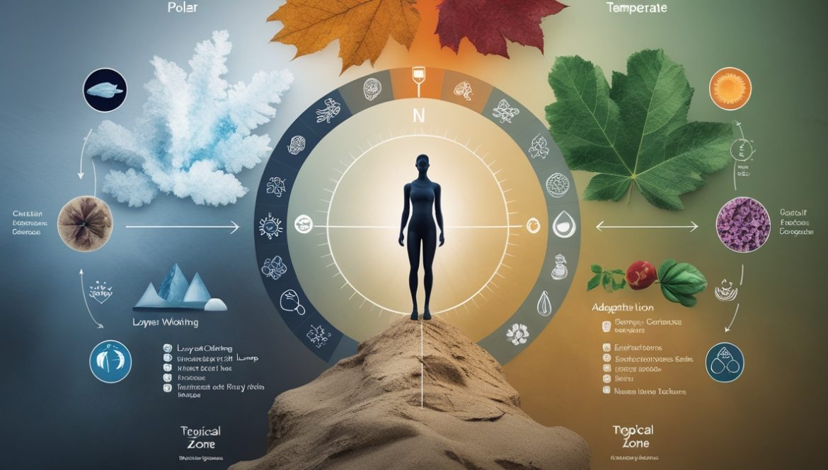 Человек на фоне четырех сезонов года символизирует адаптацию организма к смене времен года и климатических условий