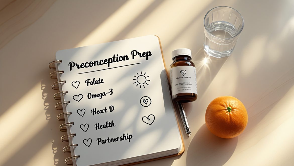 Женщина готовится к беременности с витаминами и здоровым питанием на столе