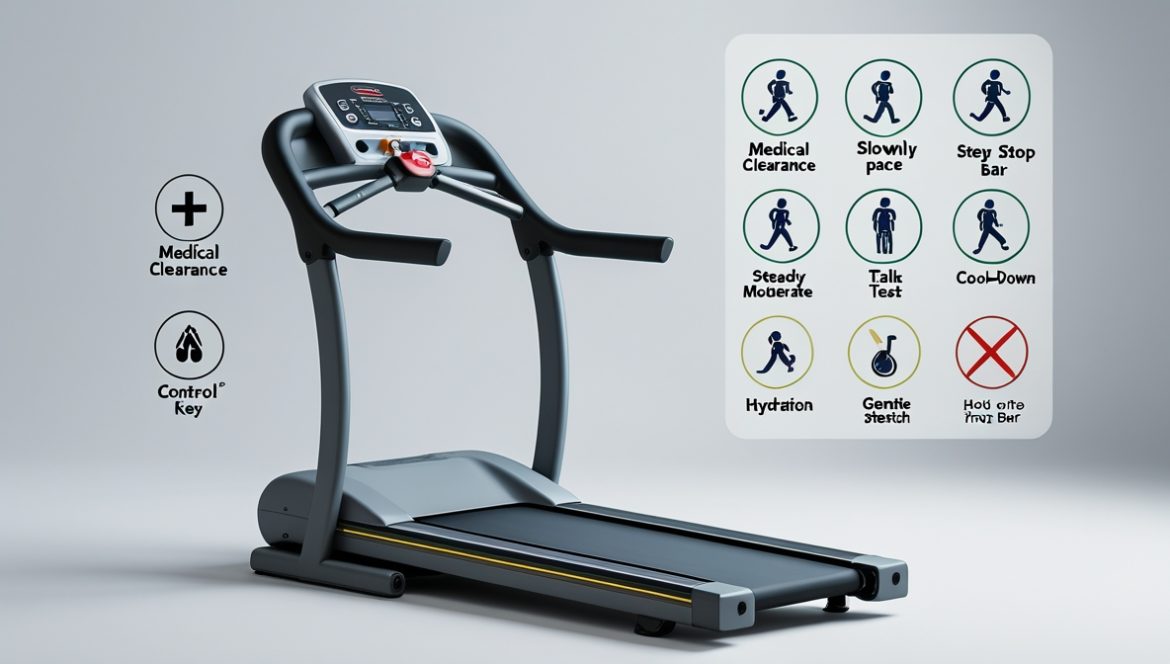 Пожилой человек безопасно тренируется на беговой дорожке дома, здоровый образ жизни после 60 лет