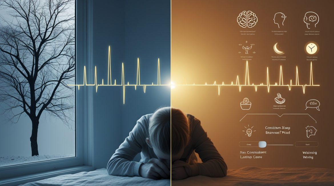 Человек использует лампу для светотерапии утром у окна зимой для лечения сезонного аффективного расстройства