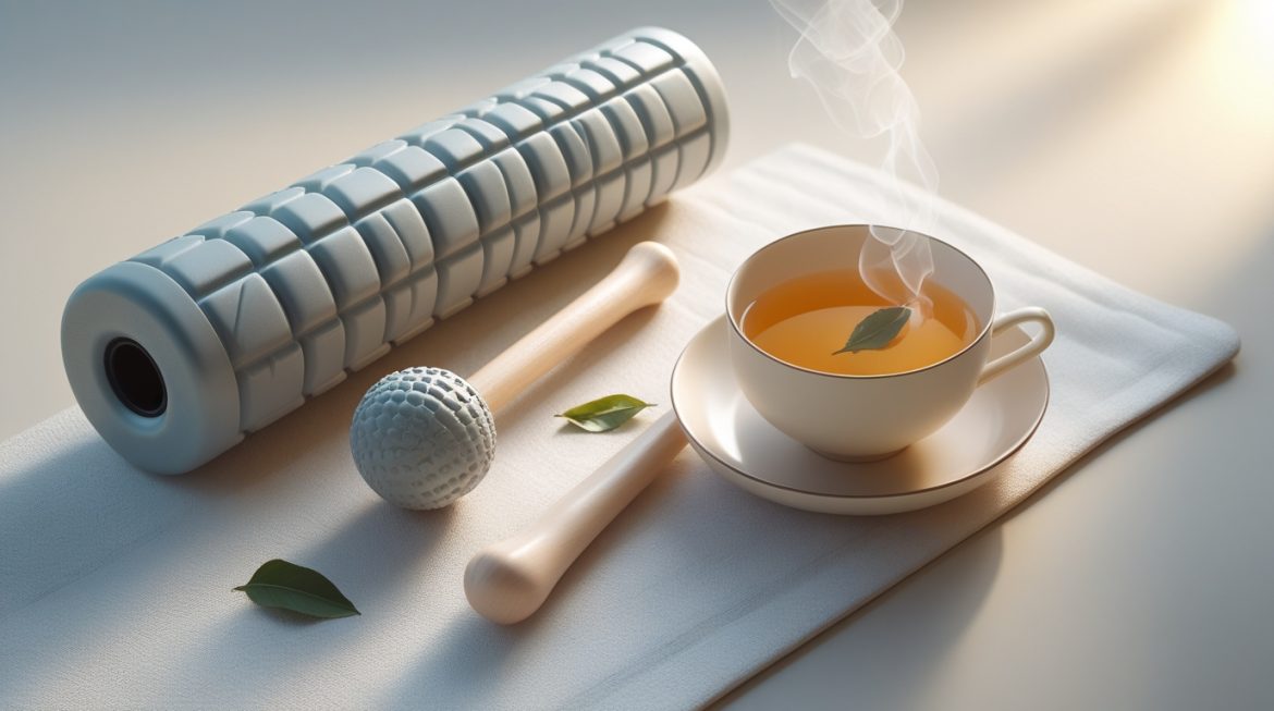 Человек использует роликовый массажер для восстановления мышц в домашних условиях