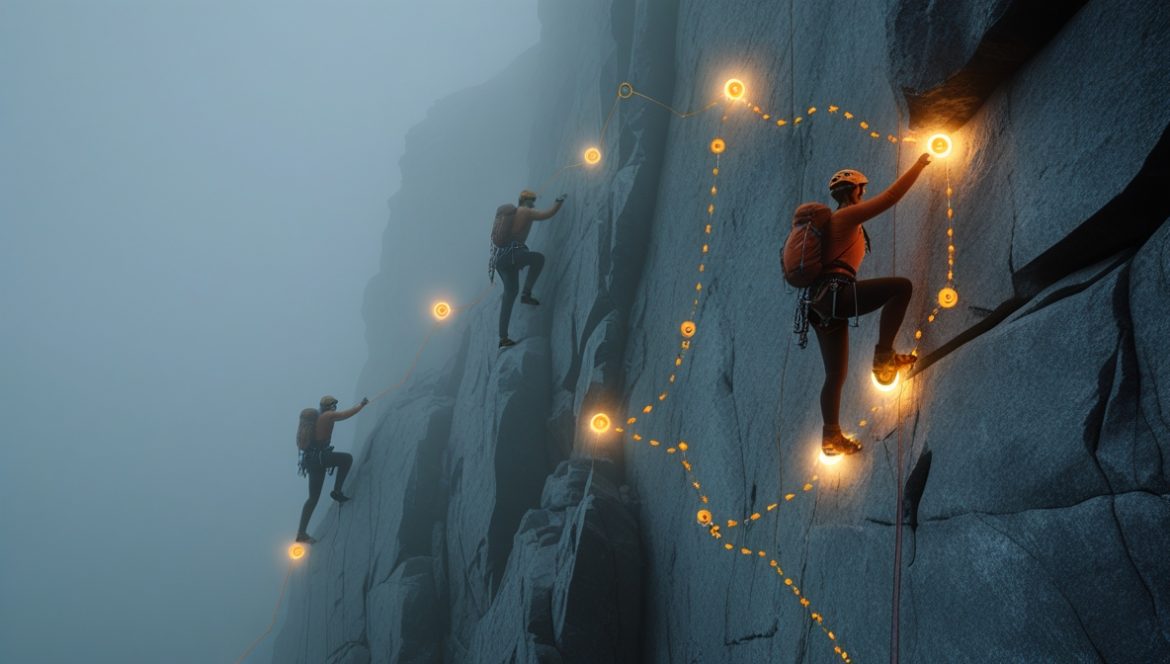 Человек отслеживает личный прогресс с помощью цифровых инструментов и блокнота на рабочем столе