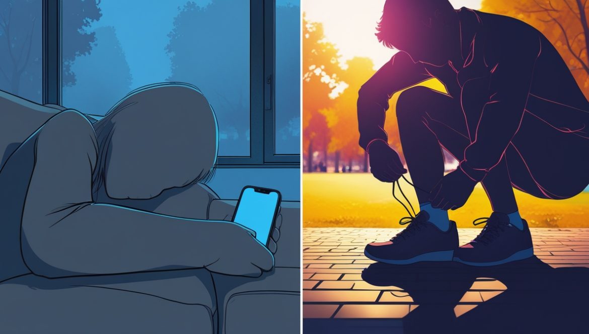 Человек у открытой двери готовится выйти на ежедневную прогулку для преодоления лени и формирования здоровых привычек