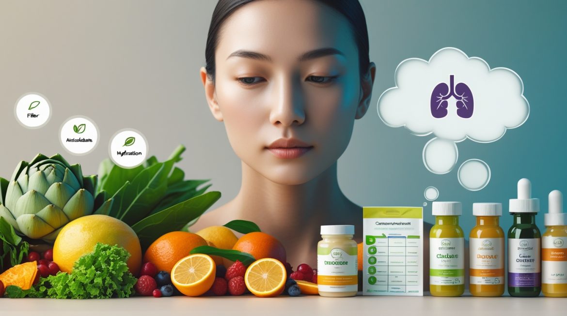 Женщина изучает информацию о детокс-программах и здоровом питании за столом с овощами и фруктами