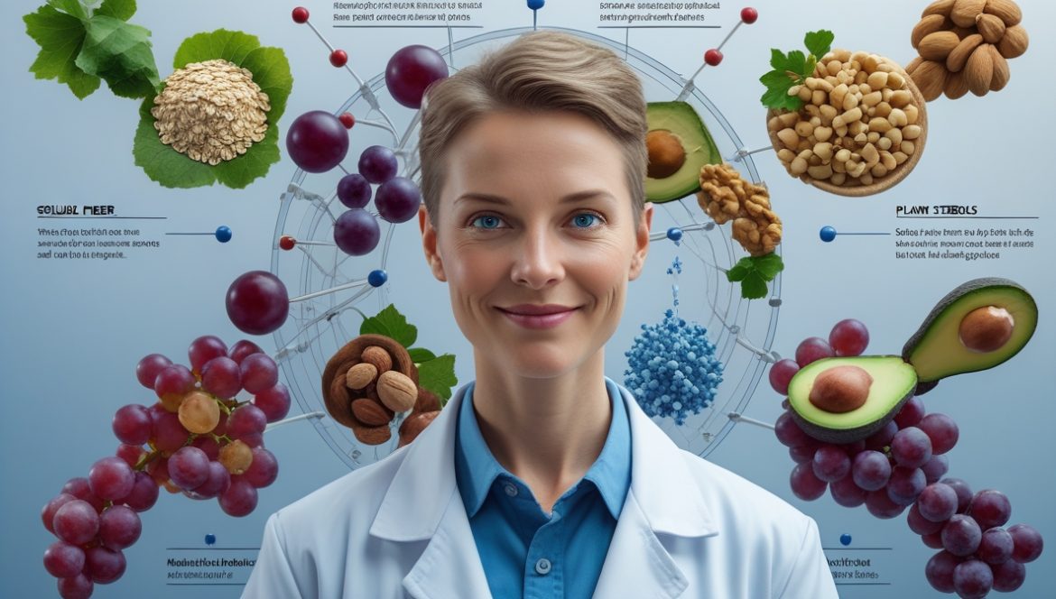 Диетолог с полезными продуктами для снижения холестерина - овсянка, орехи, рыба, овощи