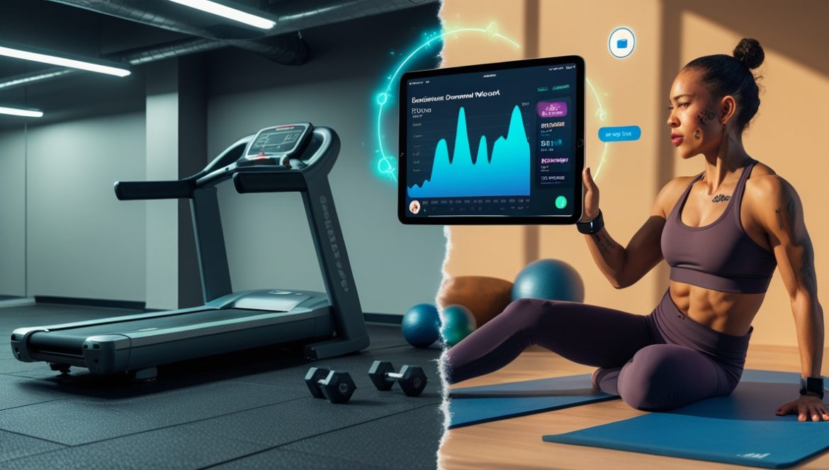 Домашняя тренировка с фитнес-приложением в современной квартире