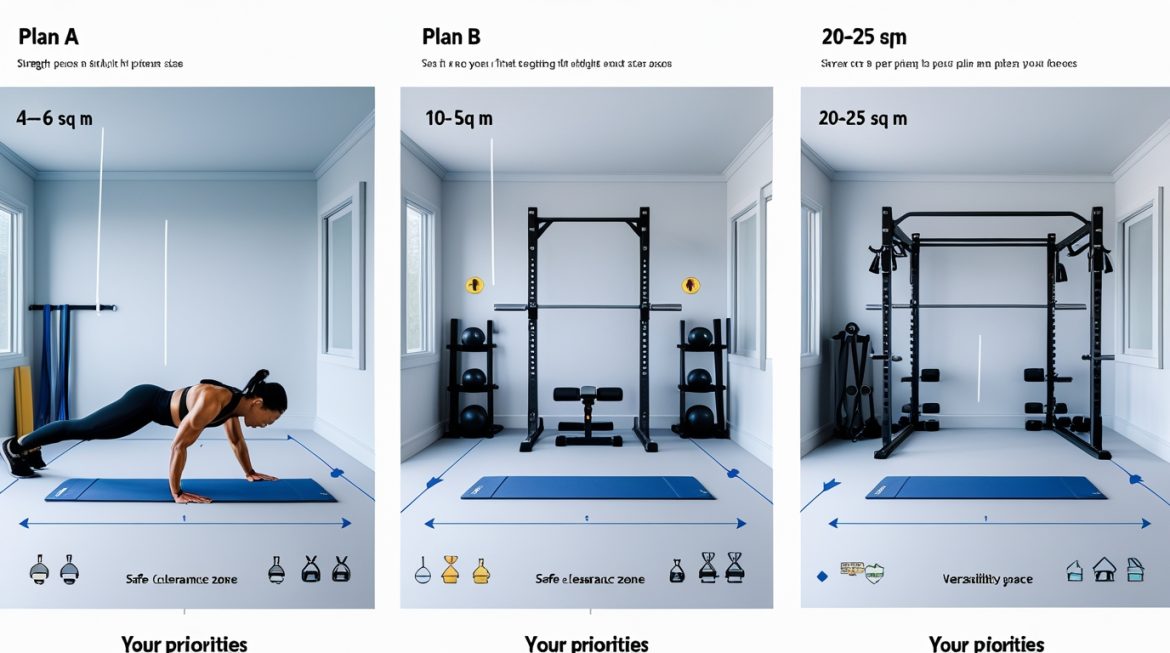 Домашний тренажерный зал минимальной площади с эффективной планировкой оборудования