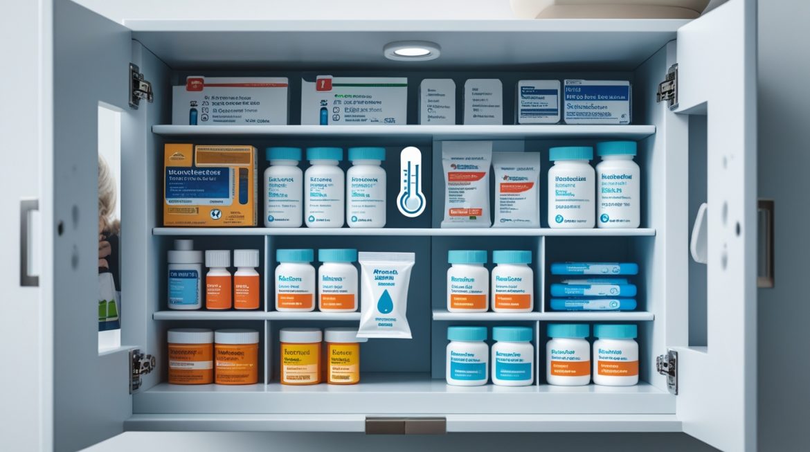 Правильно организованная домашняя аптечка с лекарствами в оптимальных условиях хранения при комнатной температуре