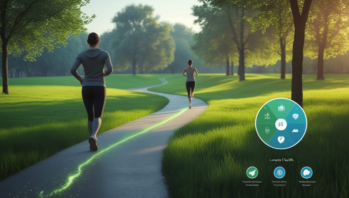 Человек занимается бегом на свежем воздухе в парке среди деревьев на рассвете