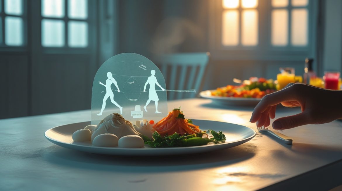 Спокойный человек практикует осознанное питание за красиво накрытым столом с здоровой едой