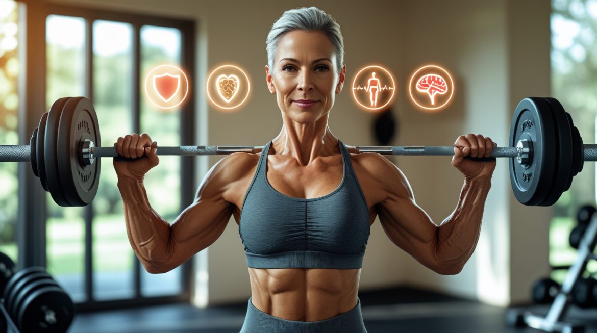 Человек после 40 лет выполняет упражнения в спортзале, демонстрируя правильную технику и здоровый образ жизни