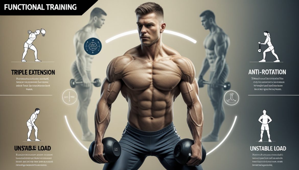 Спортсмен выполняет функциональное упражнение с гирей в современном тренажерном зале, демонстрируя правильную технику и координацию движений