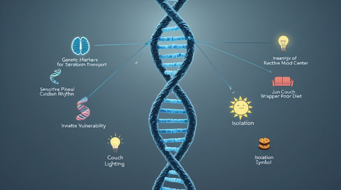 Женщина смотрит в окно на осеннюю погоду, задумавшись о сезонных изменениях настроения и генетической предрасположенности к депрессии