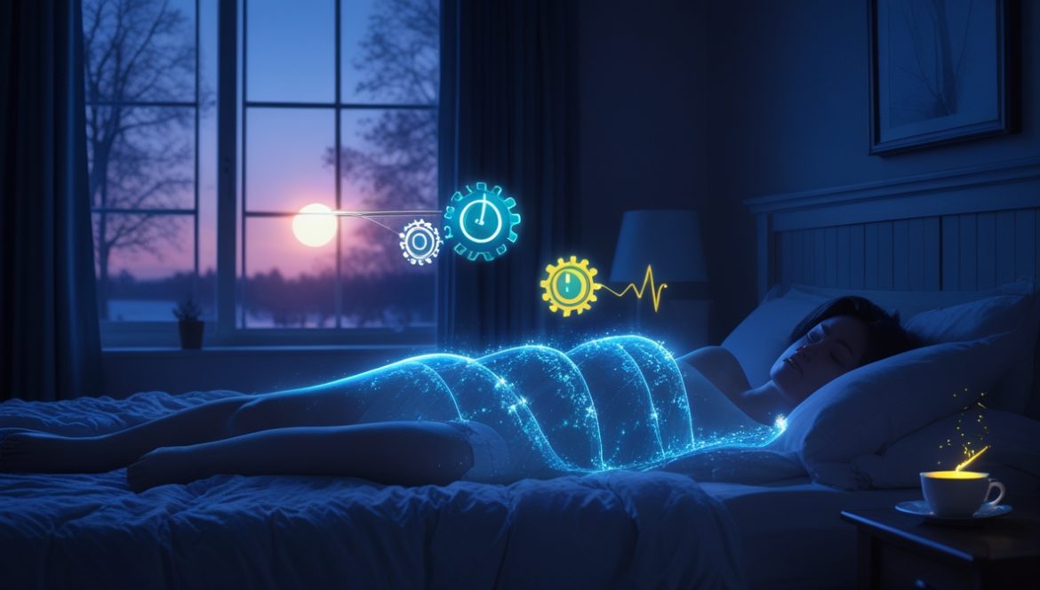 Человек выполняет утреннюю зарядку у окна, наслаждаясь зимним солнечным светом для поддержки циркадных ритмов и сезонной адаптации организма