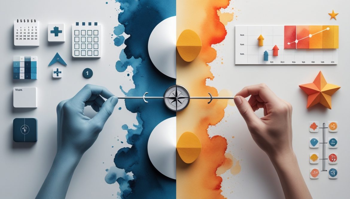 Женщина выбирает между гибким планированием и жестким графиком за рабочим столом