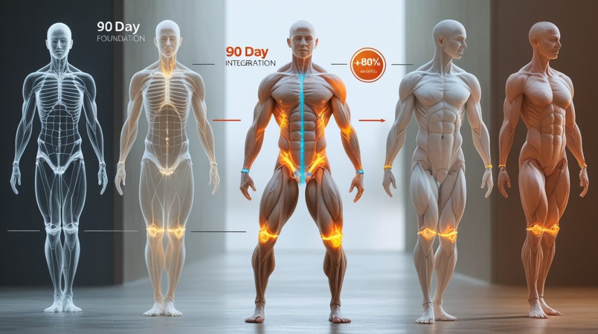 Человек после 40 лет выполняет упражнения на растяжку в фитнес-студии