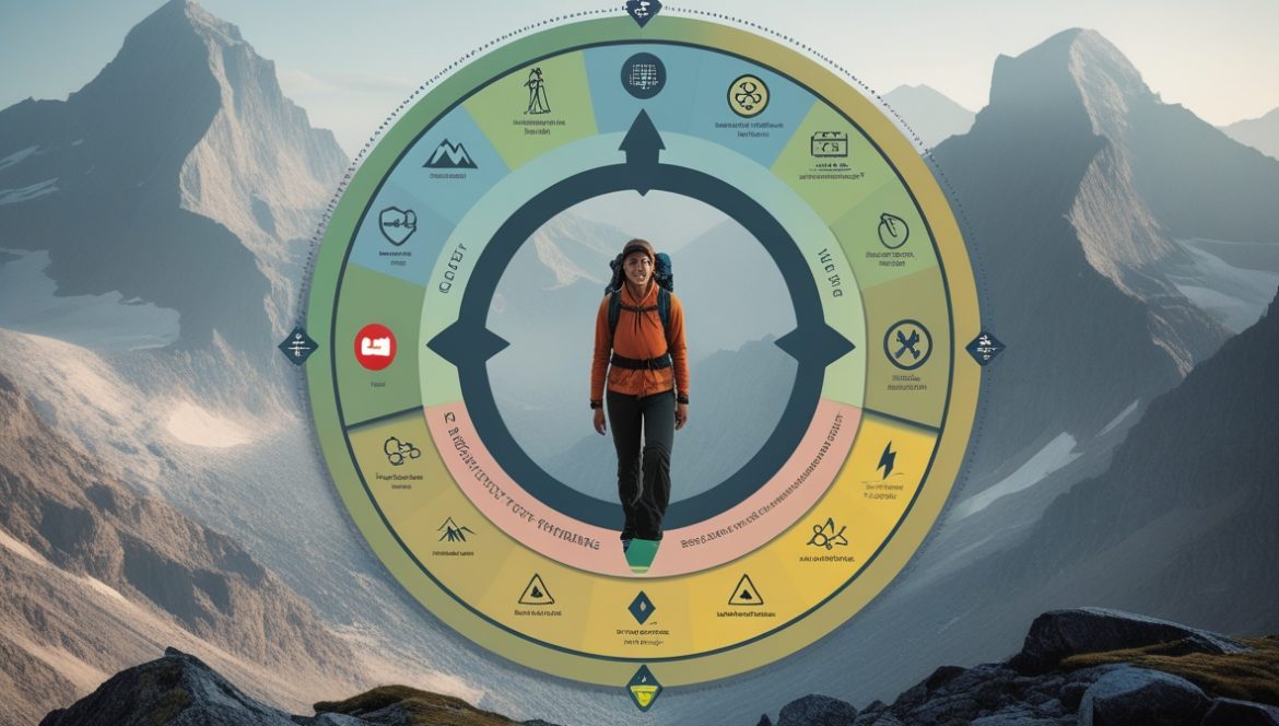 Горная безопасность: альпинист в защитном снаряжении на заснеженной вершине демонстрирует правильную экипировку