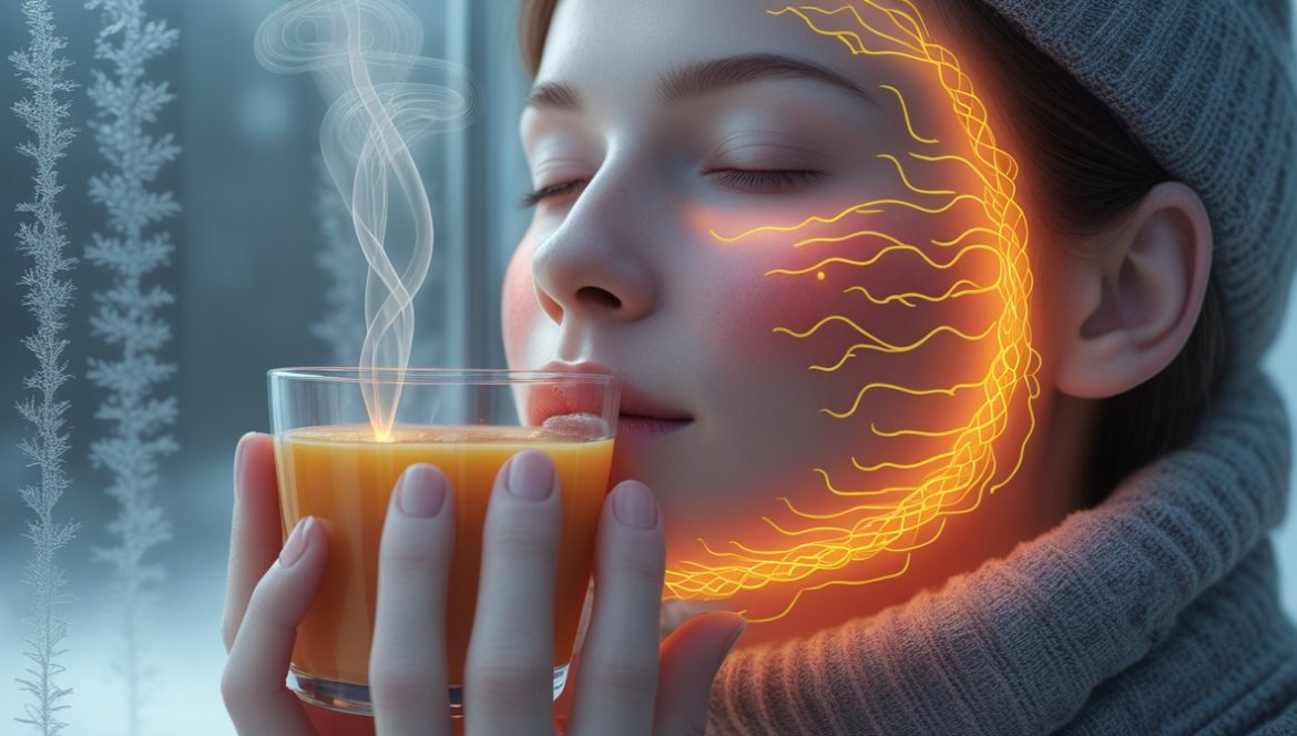 Человек наслаждается горячим напитком у окна зимой, создавая атмосферу уюта и заботы о здоровье