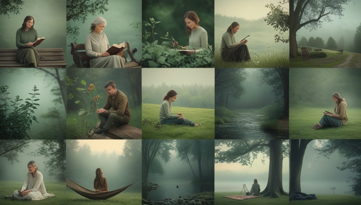 Интроверт наслаждается уединением в лесу, сидя на бревне среди хвойных деревьев в спокойной обстановке для восстановления энергии