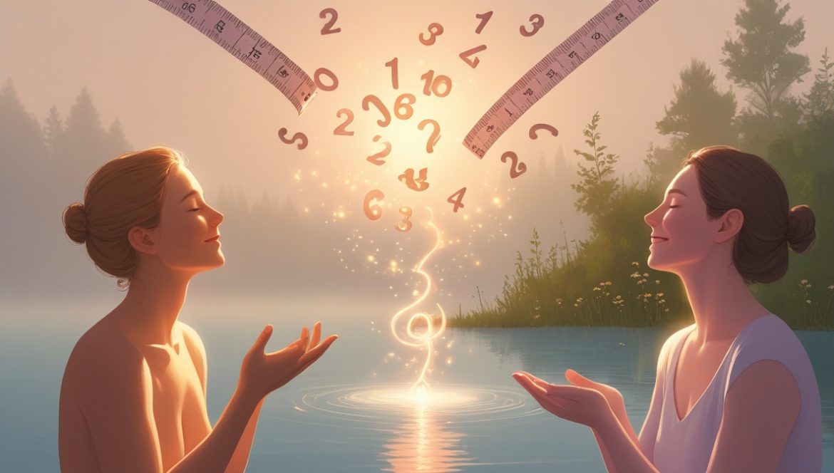 Женщина практикует осознанное интуитивное питание за столом с разнообразной здоровой едой