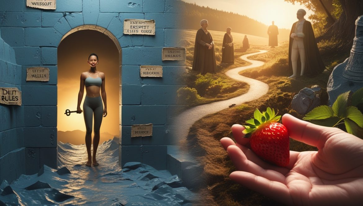 Женщина практикует интуитивное питание за столом с разнообразными продуктами