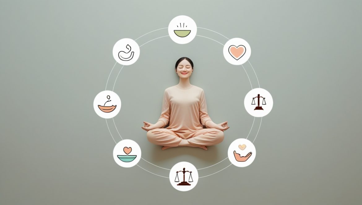 женщина практикует интуитивное питание за красиво накрытым столом с полезной едой