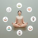 женщина практикует интуитивное питание за красиво накрытым столом с полезной едой