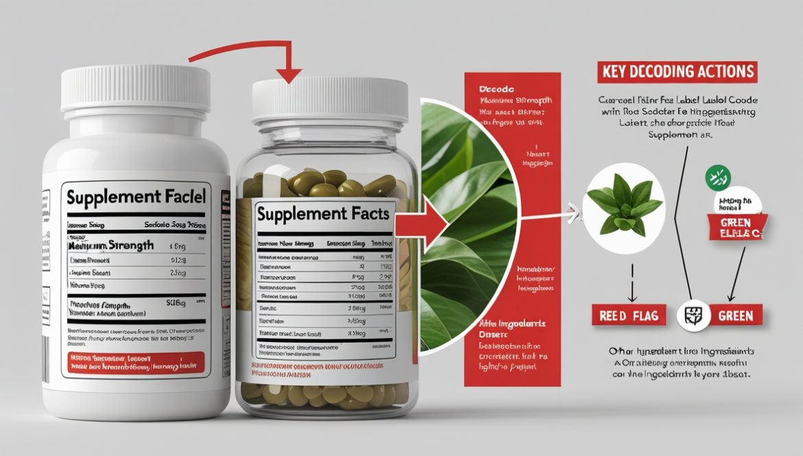 Человек внимательно изучает этикетку БАДа с увеличительным стеклом в аптеке, проверяя состав и дозировки перед покупкой