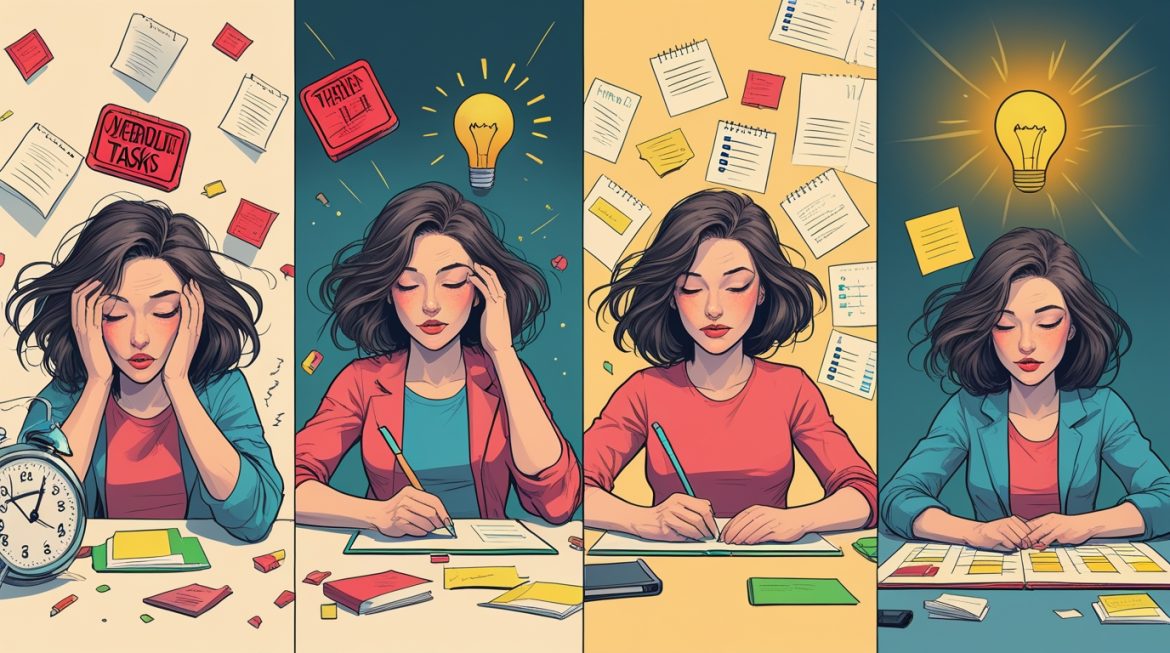 Молодая женщина планирует свой день в блокноте за организованным рабочим столом, управление временем и продуктивность