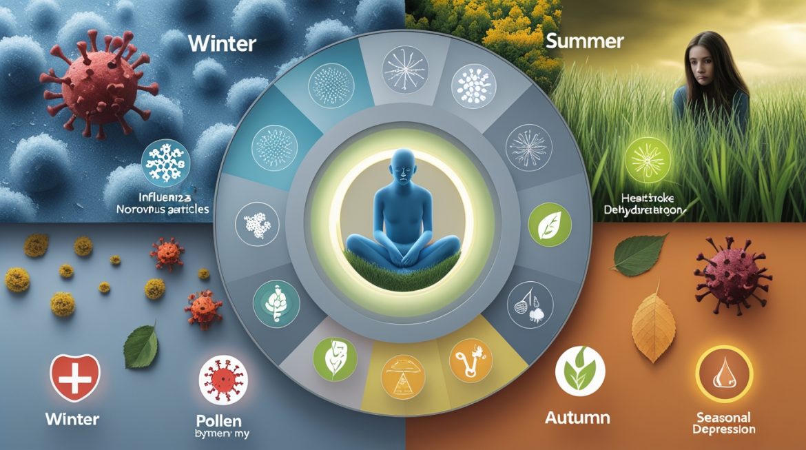 Календарь сезонных заболеваний по месяцам года с символами профилактики и здоровья