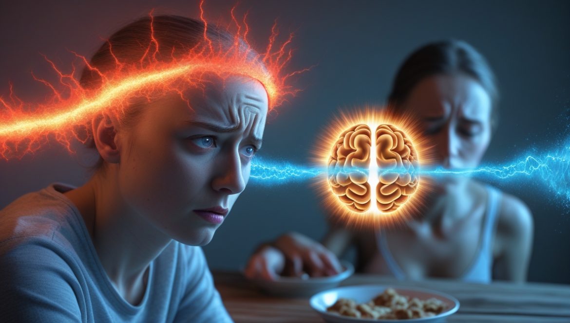 Женщина выбирает между здоровой и вредной пищей при стрессе, демонстрируя связь кортизола и эмоционального переедания