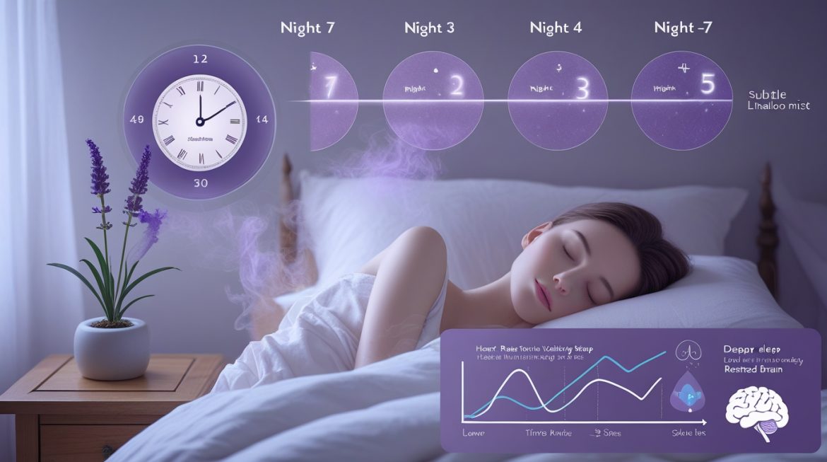 Женщина в спокойной обстановке спальни с лавандой и аромадиффузором для улучшения сна и расслабления нервной системы