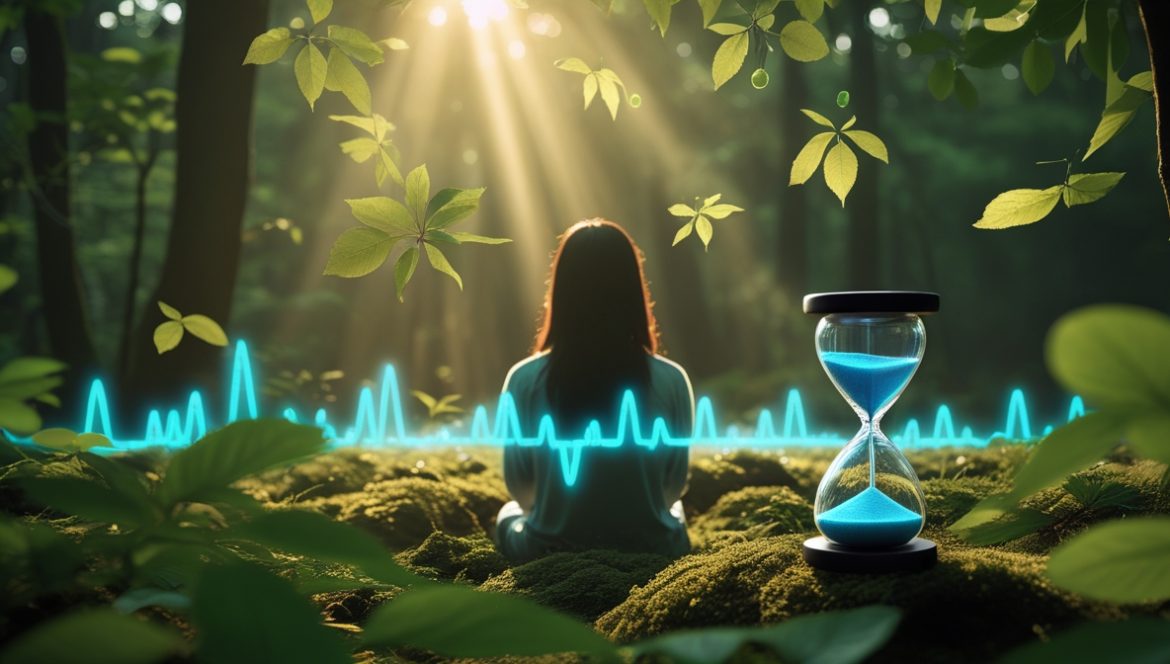 Человек практикует лесные купания shinrin-yoku среди хвойных деревьев для укрепления иммунитета и снижения стресса