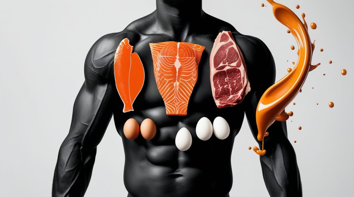 Спортсмен с тарелкой белковых продуктов для набора мышечной массы 