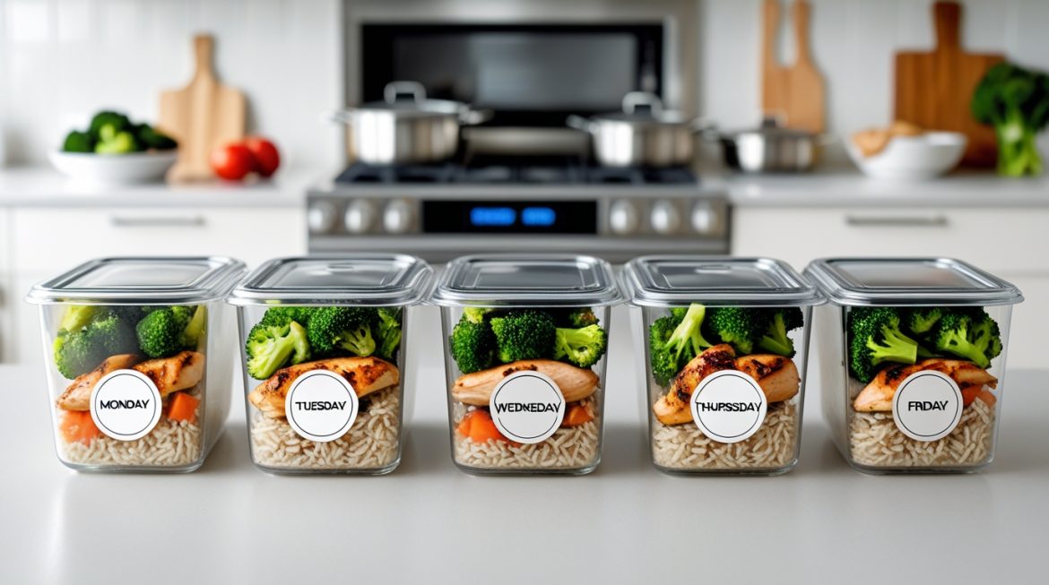 meal prep контейнеры с здоровой едой на кухне для планирования питания на неделю