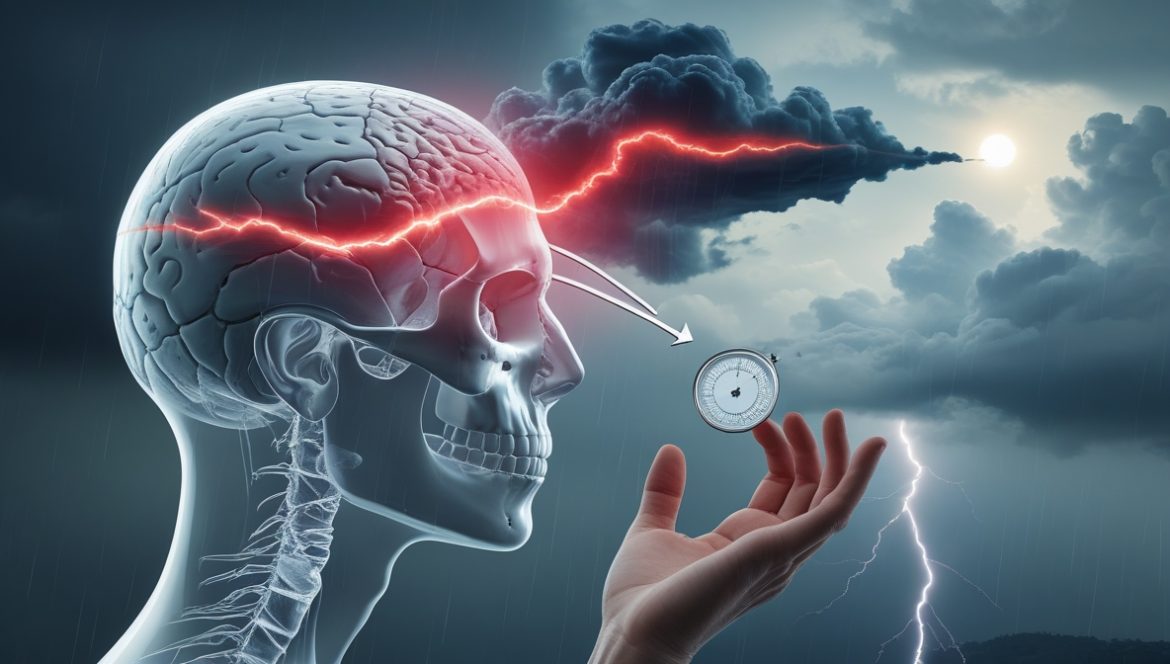 Человек у окна наблюдает за сменой погоды, концепция метеочувствительности и адаптации организма к погодным изменениям