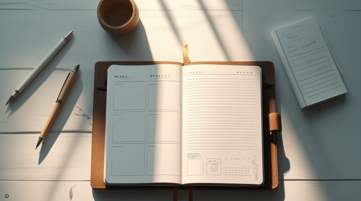 Минималистичный блокнот с ручкой на деревянном столе для системы планирования и продуктивности