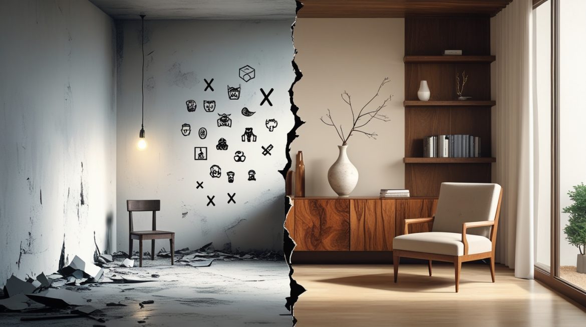 Минималистичный интерьер гостиной с женщиной, читающей книгу, демонстрирующий комфорт и осознанную жизнь без лишних вещей