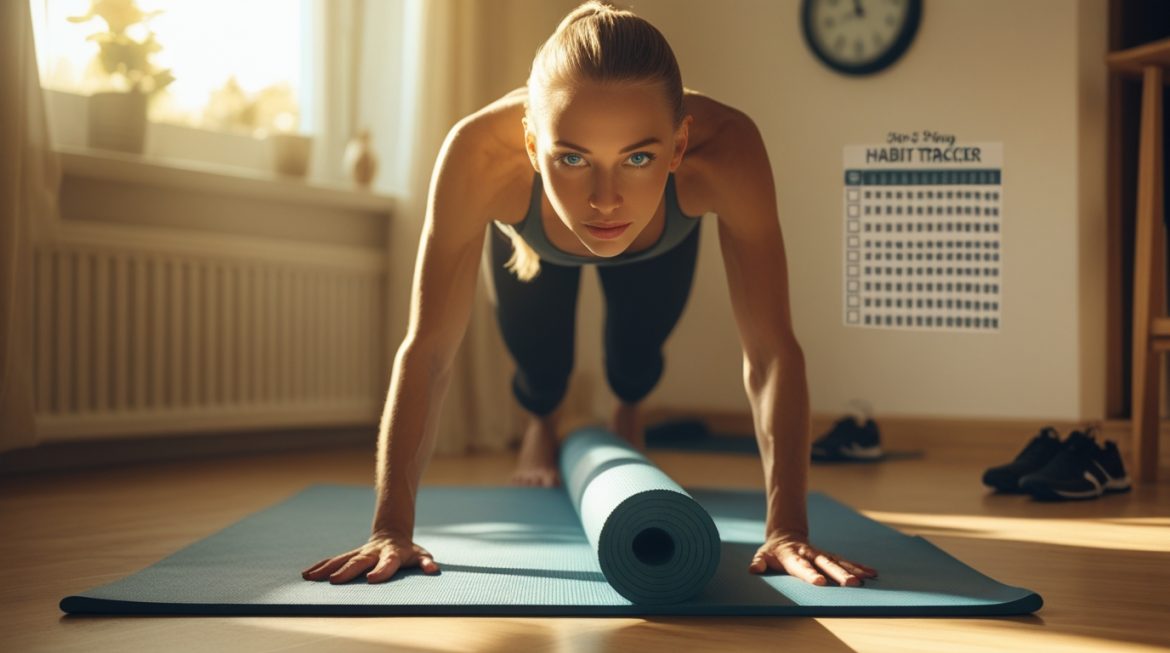 Мотивированный человек выполняет домашние тренировки в современной квартире
