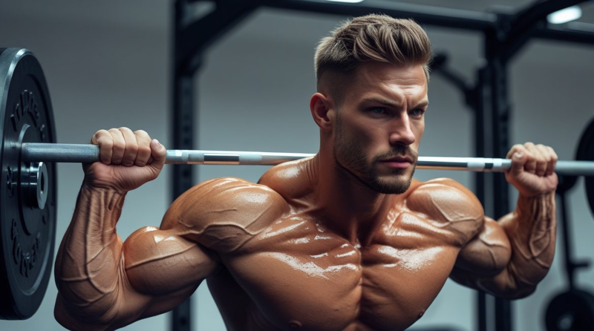 Мужчина выполняет становую тягу в спортзале для набора мышечной массы