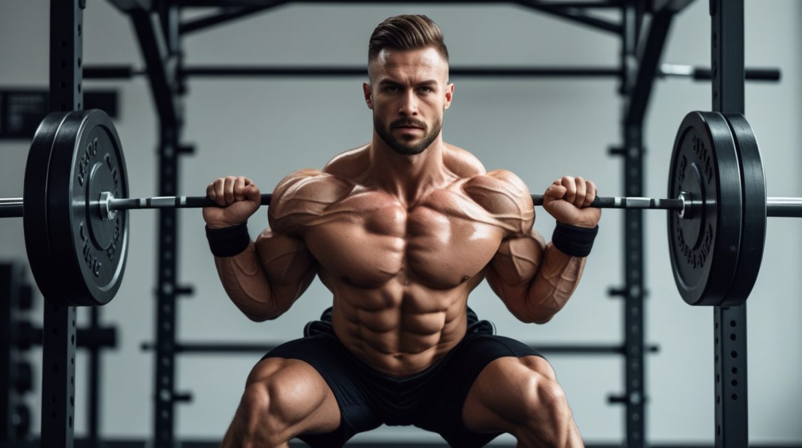 Спортсмен выполняет становую тягу для роста мышц в тренажерном зале 