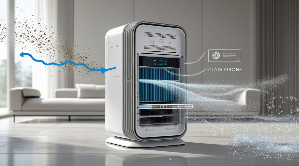 Современный очиститель воздуха в светлой гостиной с человеком европейской внешности, демонстрирующий эффективную фильтрацию и создание здорового микроклимата