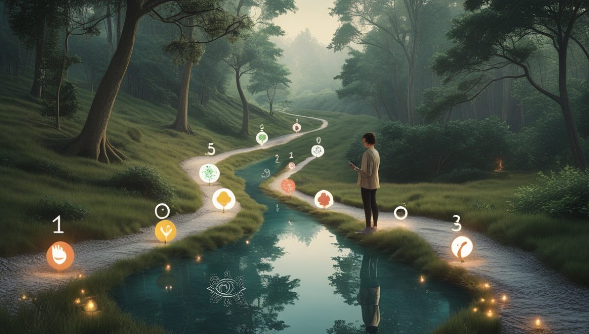 Женщина практикует осознанную медитативную прогулку в лесу на закате среди зеленых деревьев