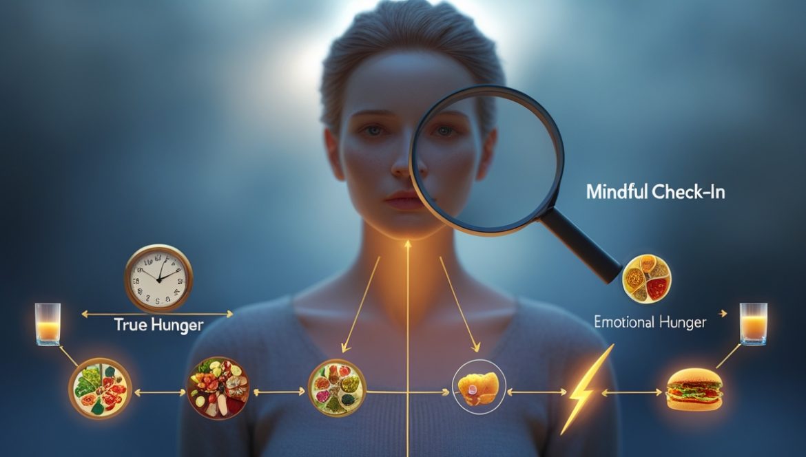 Женщина размышляет о еде, осознанное питание, различие между физическим и эмоциональным голодом