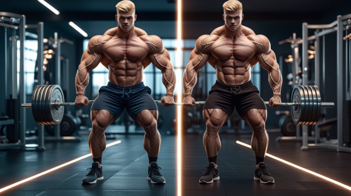 Атлет выполняет силовые упражнения для набора мышечной массы с использованием периодизации тренировок