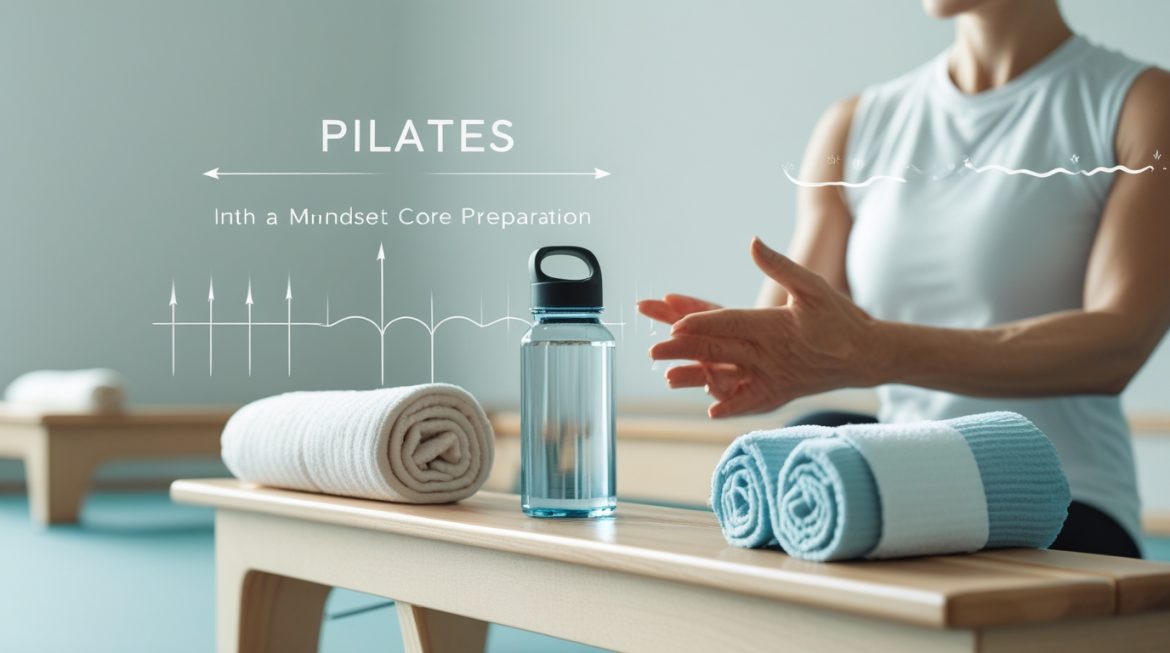 Девушка на первом занятии пилатесом в светлой студии выполняет упражнение на коврике