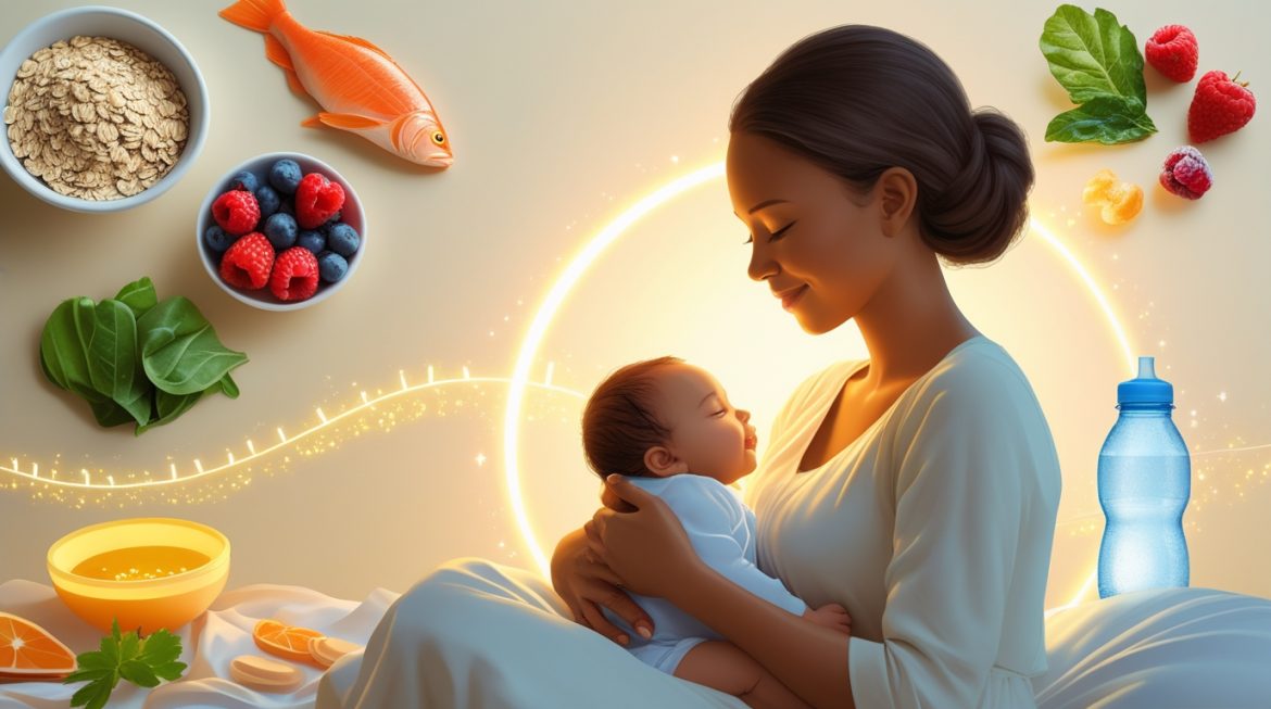 Кормящая мама с полезными продуктами для качественного грудного молока