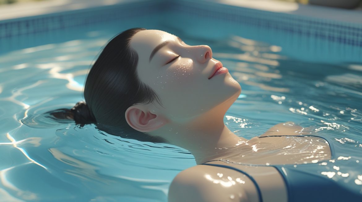 Человек плывет на спине в бассейне для укрепления позвоночника и суставов, демонстрируя правильную технику лечебного плавания